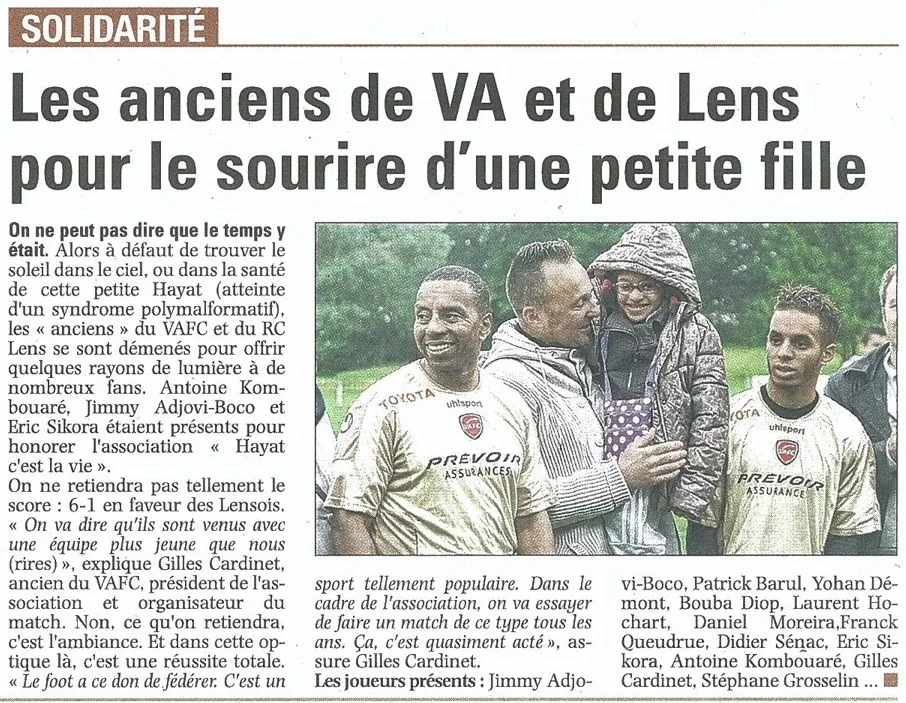 Coupure de presse : les anciens de VA et de Lens pour le sourire d'une petite fille, compte rendu du match de Saint-Saulve