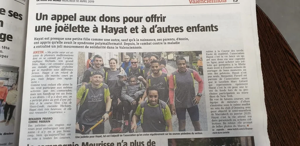 Coupure de presse de La Voix du Nord du 10 avril 2019 : un appel aux dons pour offrir une joëlette à Hayat et à d'autres enfants