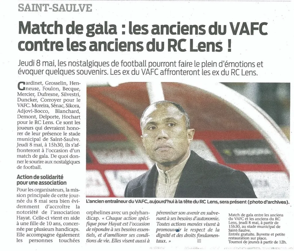 Coupure de presse : annonce du match de gala entre les anciens du VAFC et du RC Lens à Saint-Saulve, le 8 mai 2014